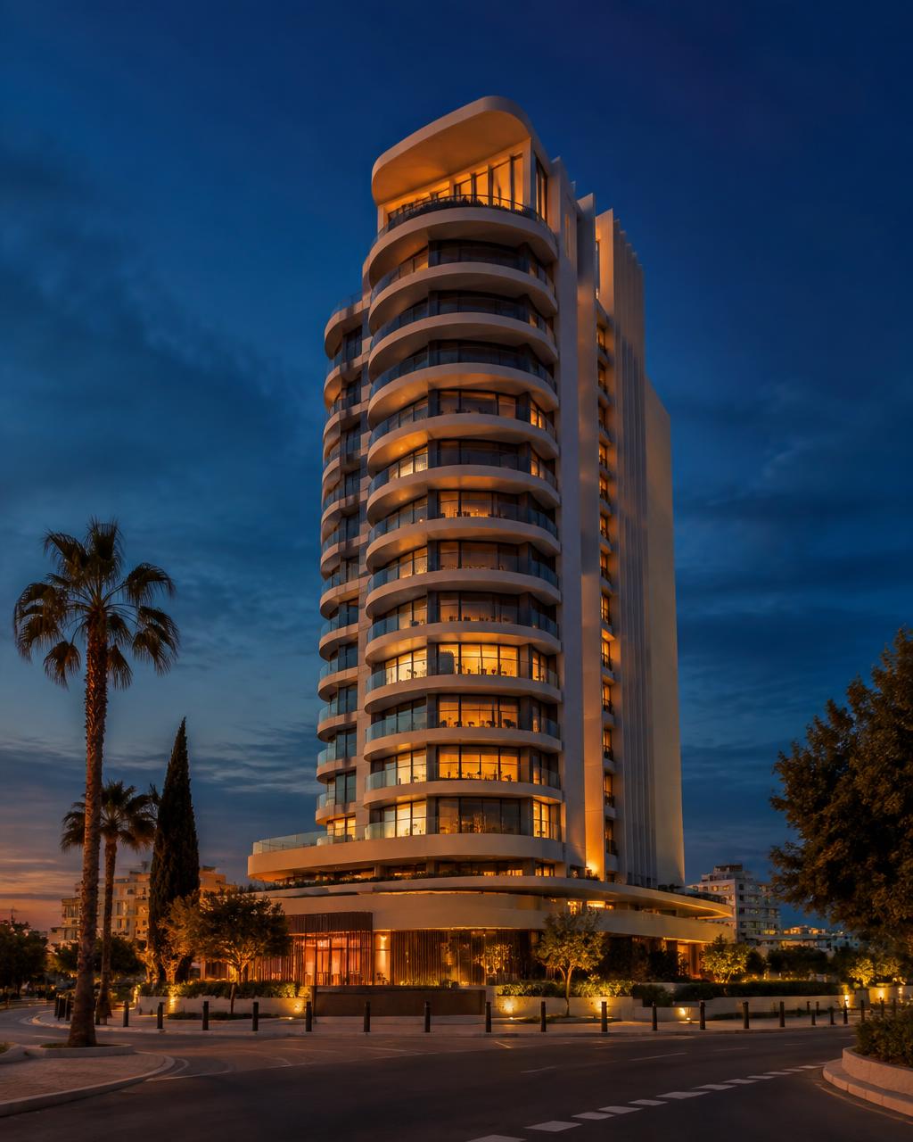 Limassol corporate tower at dusk
